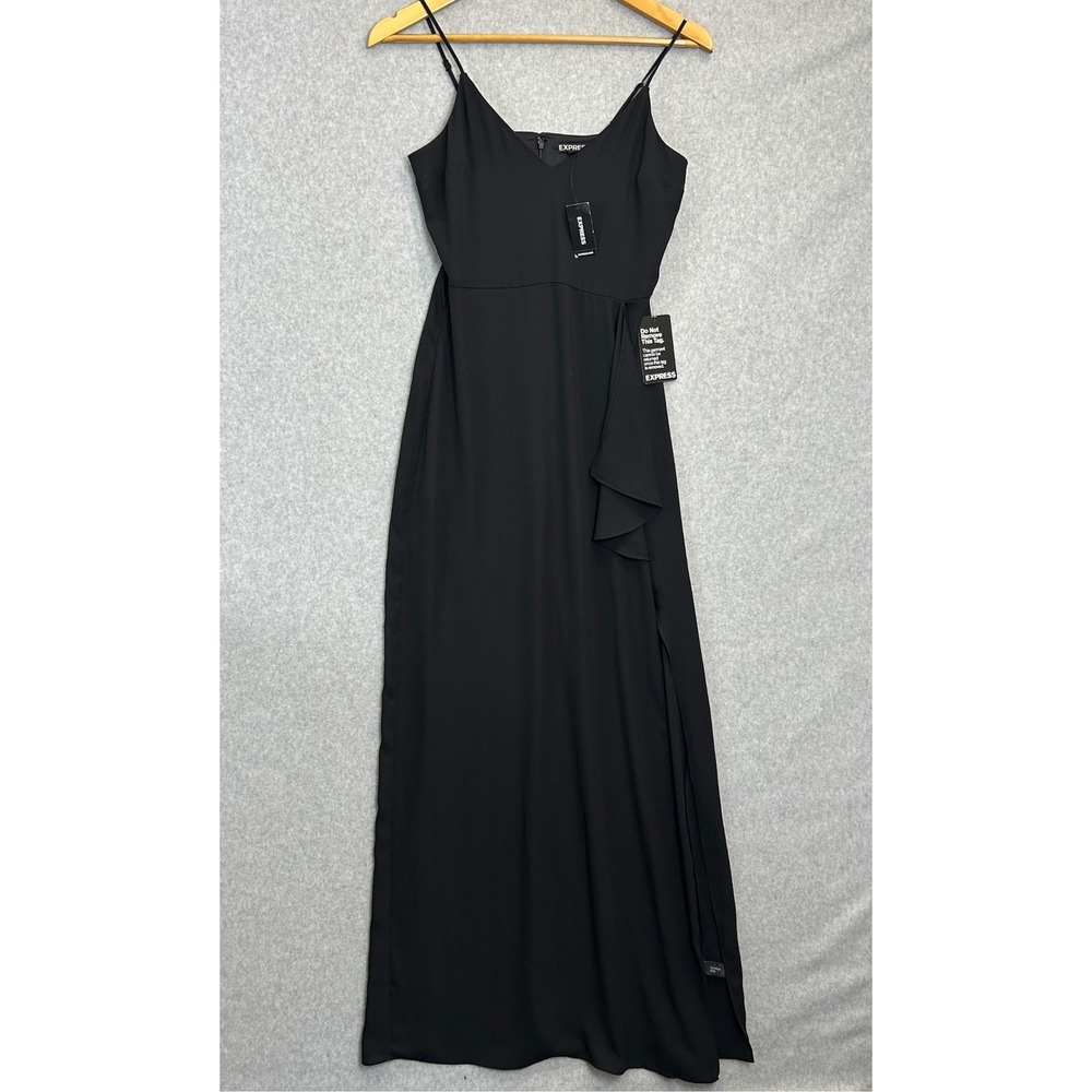 Express Maxi Dress Black Ruffle Slit Formal Gown Old Money Timeless Size 0 NWT
